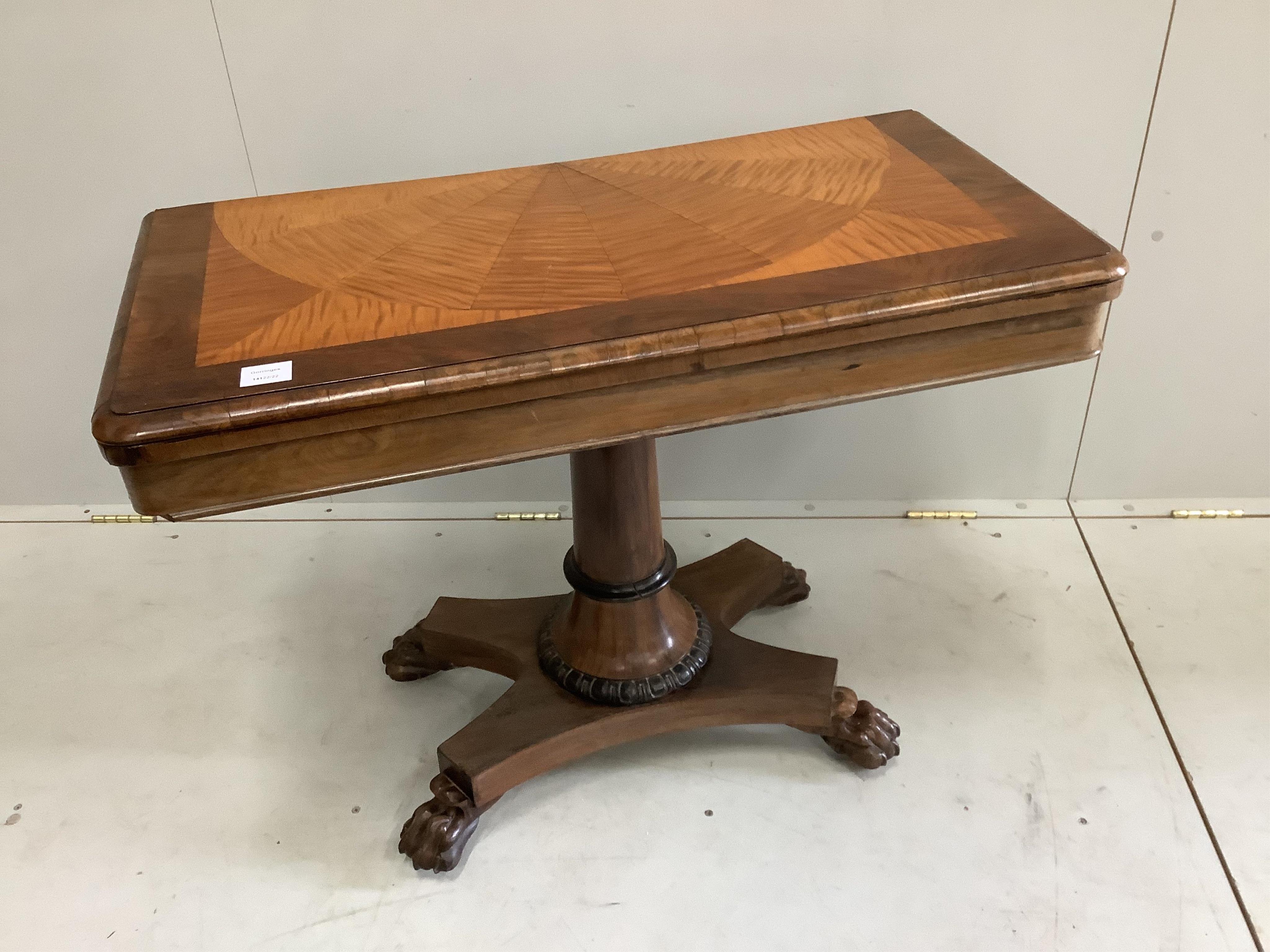 A 19th century cross-banded satinwood and rosewood card table, width 90cm, depth 45cm, height 69cm